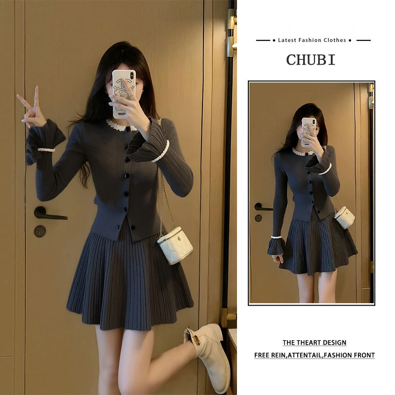 韩系小香风穿搭一整套女2025秋冬新款设计感针织衫时尚短裙两件套