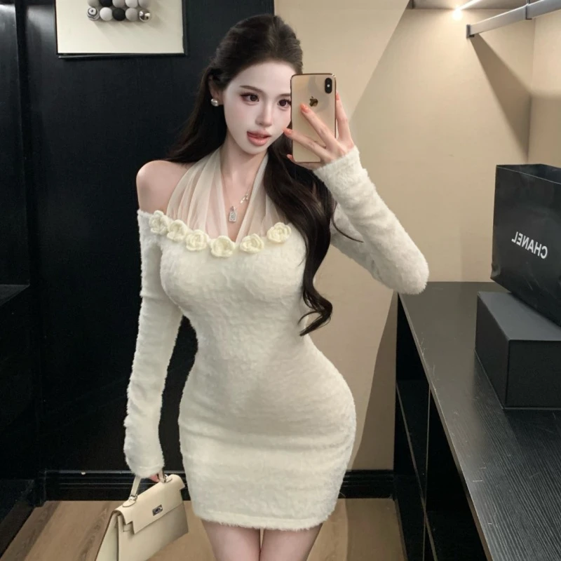 性感网纱拼接长袖女秋季新款修身显瘦露肩辣妹包臀连衣裙打底蕾丝
