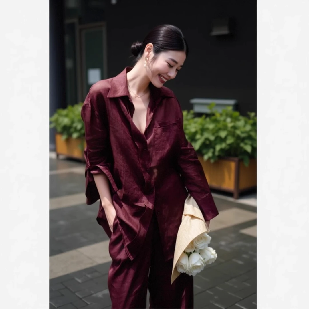 安可拉红亚麻衬衫套装女2025开春新款宽松高级感衬衣气质马甲