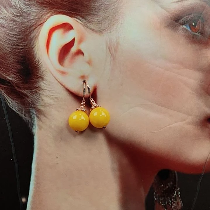 蜜蜡耳饰银S925镀金镶嵌