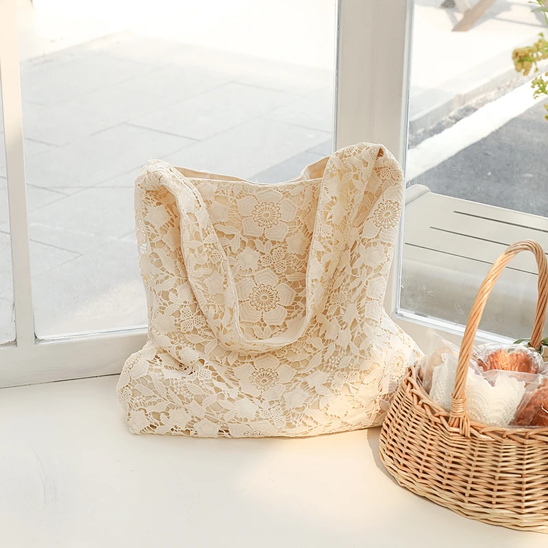 日系休闲蕾丝托特包女简约百搭质感帆布腋下包学生上课单肩购物袋