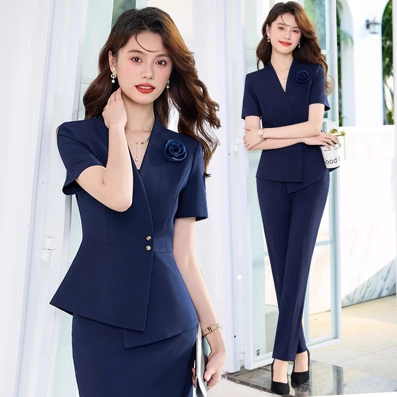 夏季薄款短袖西装套装女职业气质酒店经理工装美容院珠宝店工作服