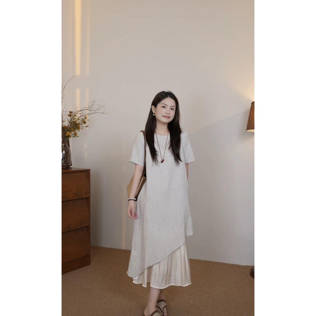 小个子亚麻短袖夏季拼接套头中长裙新中式休闲舒适百搭宽松连衣裙