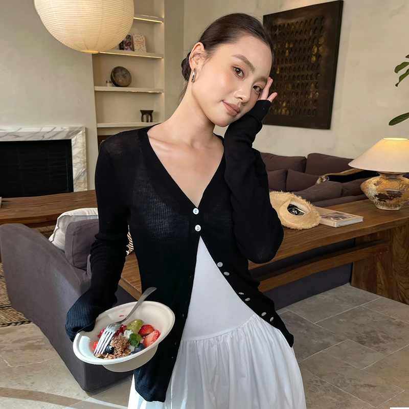 PURITY YH小众简约黑色修身开衫长袖针织衫轻空调时尚外套上衣女