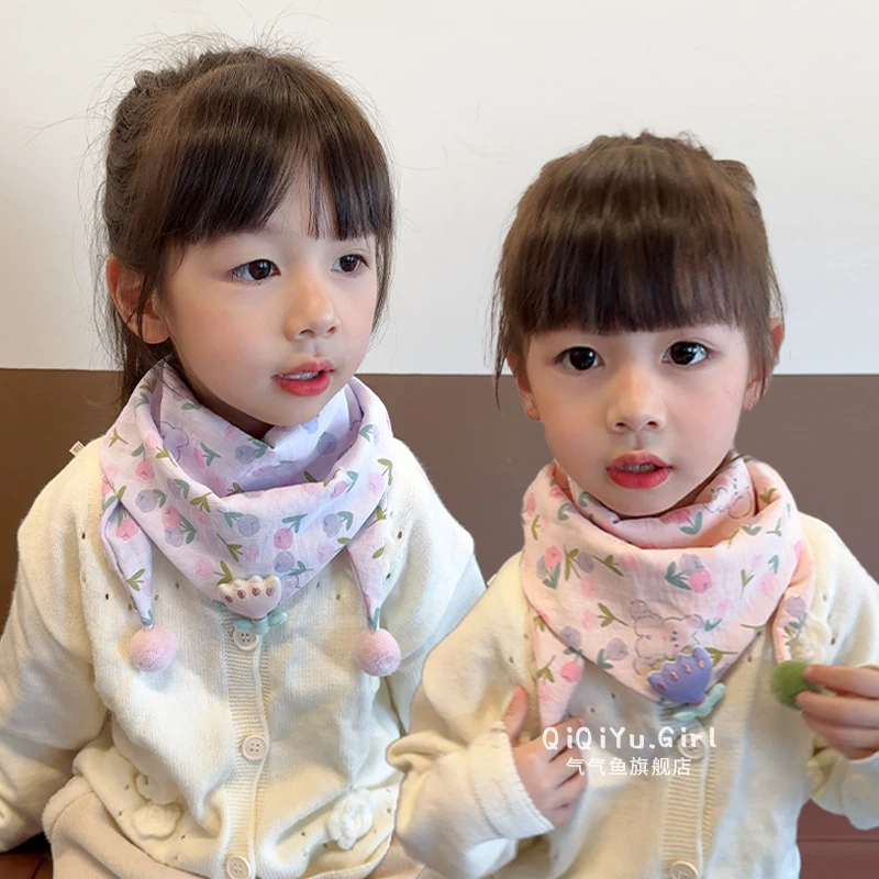 儿童郁金香印花围巾秋冬防风保暖亲肤女孩三角巾女童宝宝上学围脖