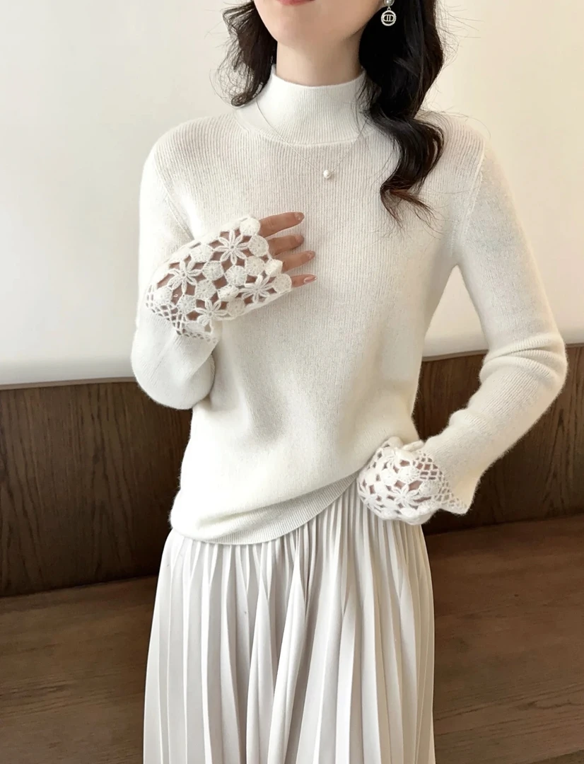 【假一罚三】100%山羊绒半高领袖口钩花羊绒衫