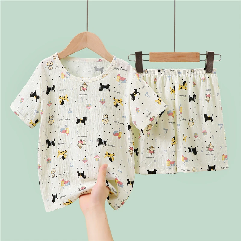 夏季短袖女童睡衣云朵棉薄款两件套套装中大童男孩卡通小狗家居服