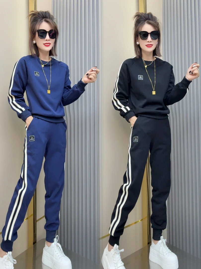 条纹拼接圆领上衣束脚裤时尚两件套