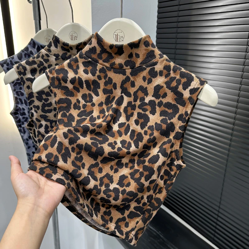 高档咖色无袖半高领上衣女2025秋季新款豹纹印花设计感打底背心