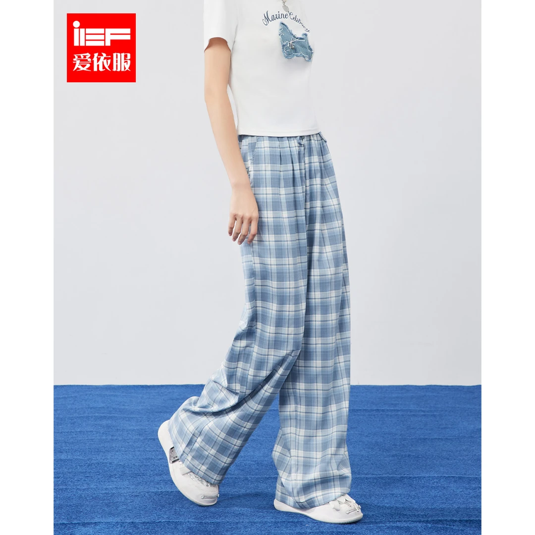 IEF/爱依服长裤2025夏季新款宽松显瘦日常简约格子阔腿裤流光风