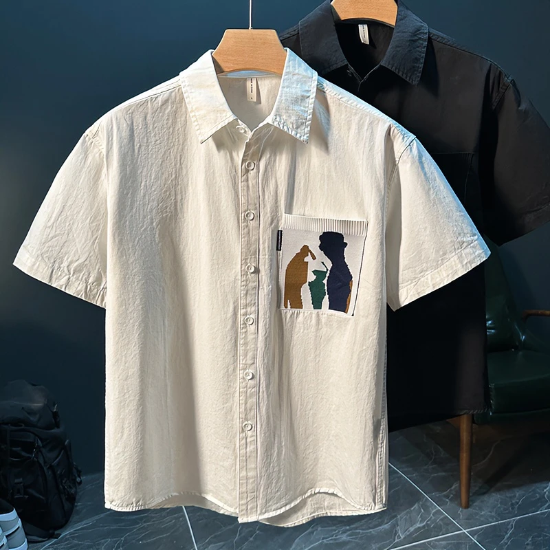 轻奢时尚日系休闲短袖衬衫男士夏季针织口袋方领印花时尚潮流衬衣