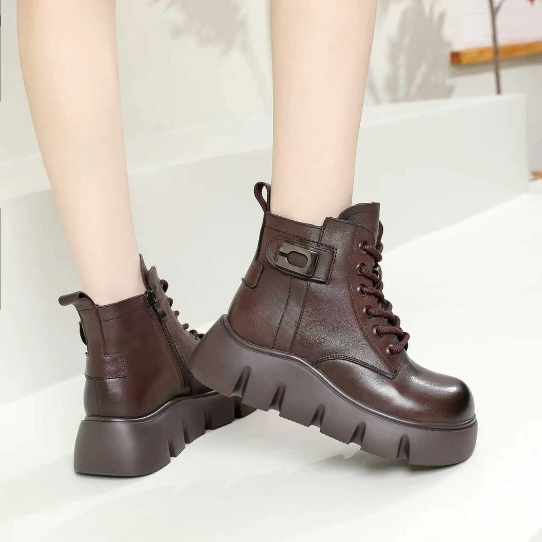 2122-3百马丁靴秋冬牛皮松糕厚底加绒保暖圆头休闲复古羊毛短靴女