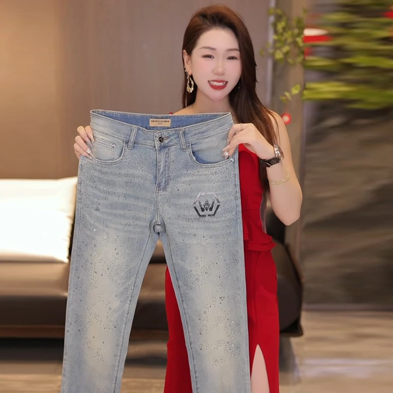 2025春夏新款满钻男士牛仔裤蓝色时尚百搭修身弹力裤子男显高显瘦