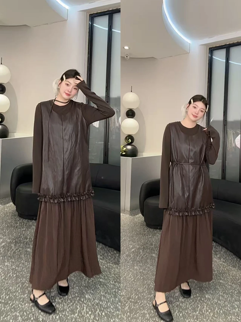 婷婷高级感裙摆拼接木耳边蛋白皮无袖假两件连衣裙09920