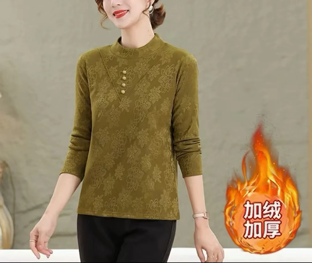 （加绒加厚）加绒加厚圆领领打底衫冬季新款妈妈装保暖长袖上衣