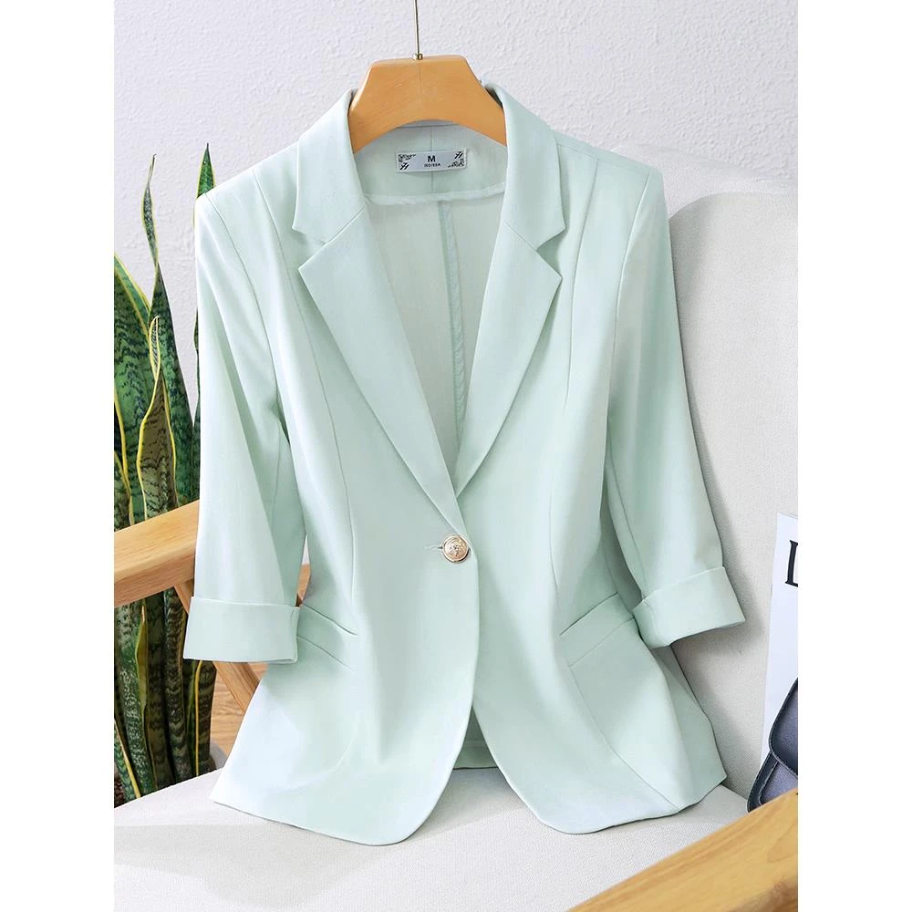 夏天蓝色西装外套女夏季2025新款薄款休闲小个子短款七分袖小西服