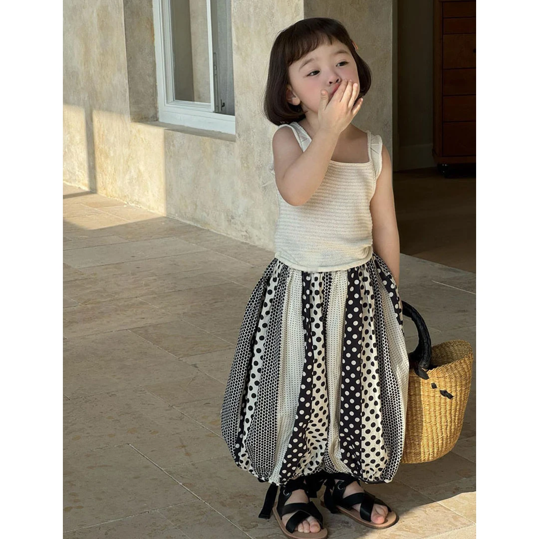 壹妈韩版童装女童套装夏季新款儿童洋气无袖上衣时髦波点灯笼裤子