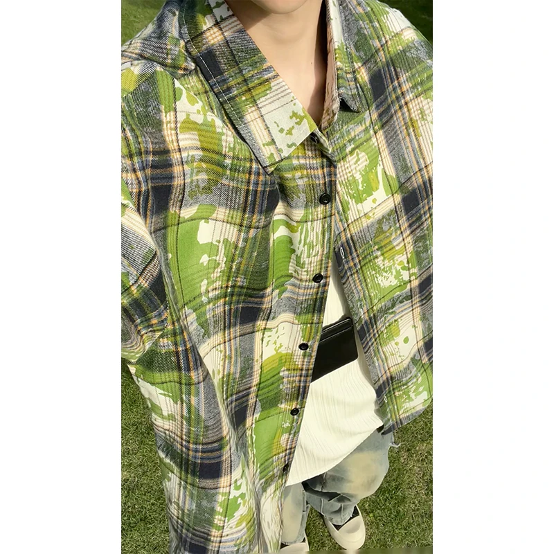 迈特优夏季新款衬衫短袖扎染小众格子衬衫韩版潮流时尚洋气衬衫