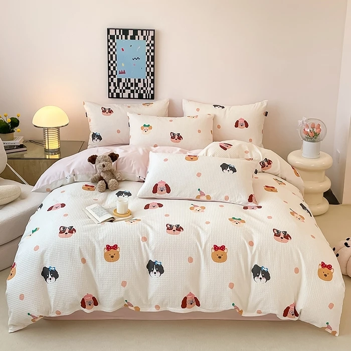 A类卡通风全棉磨毛提花华夫格床上四件套纯棉床单被套宿舍三件套