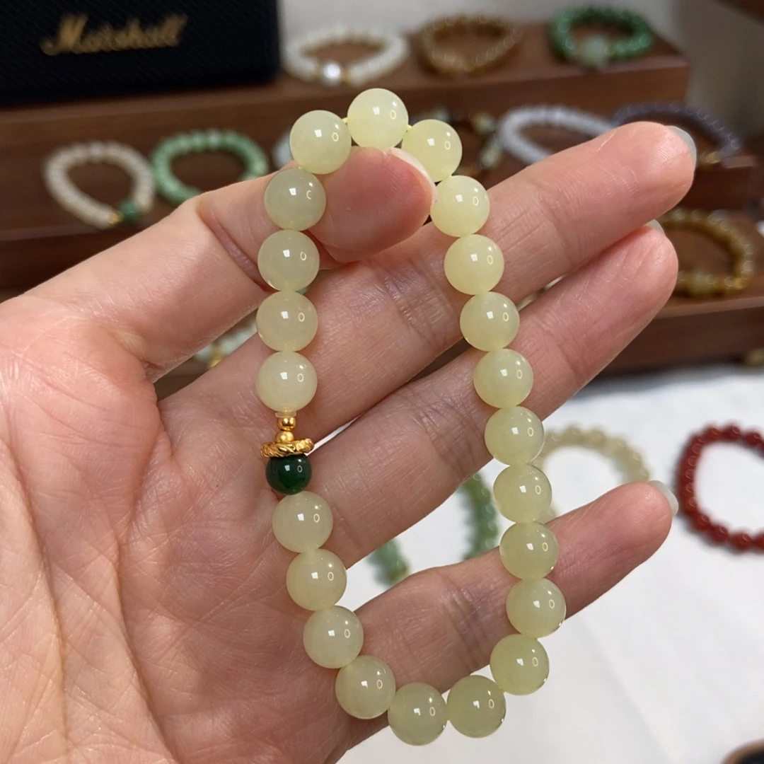 和田玉银S925镶嵌手链福利8mm黄口