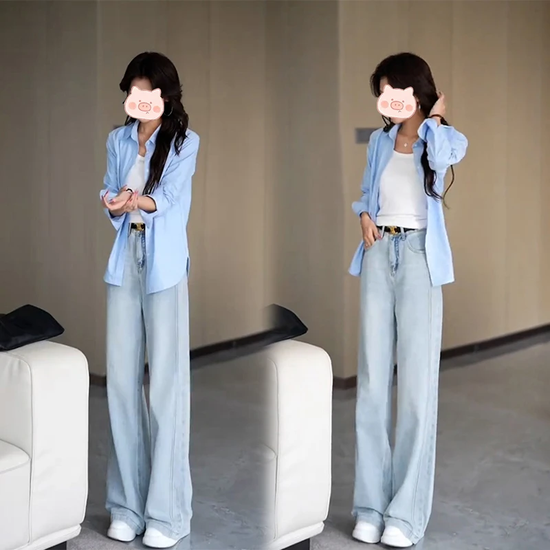 时尚洋气套装女春季新款宽松百搭超好看衬衫直筒牛仔裤显瘦两件套