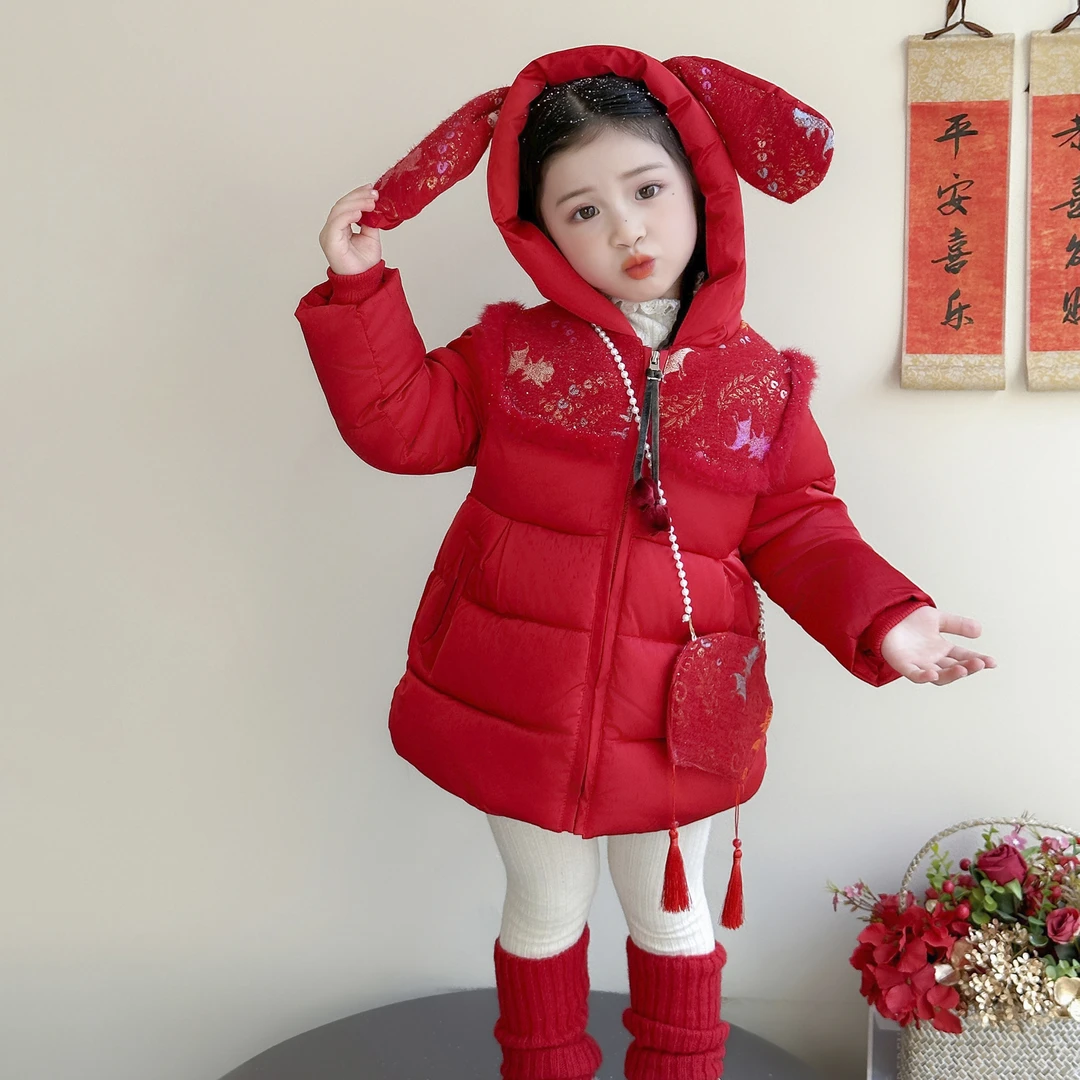 女童中国风拜年服棉袄加厚保暖女孩冬装新年洋气红色棉服新年衣服