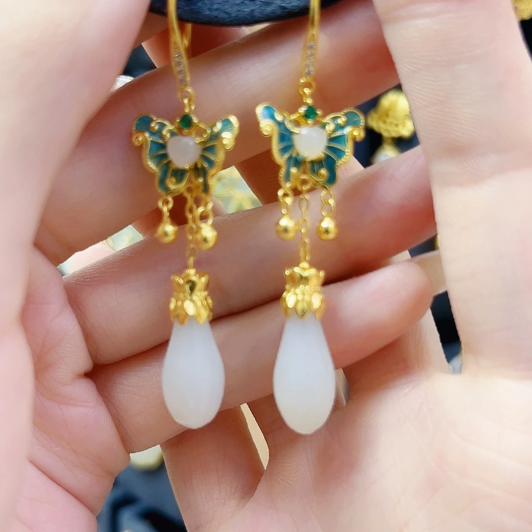 和田玉银S925镀金镶嵌耳饰