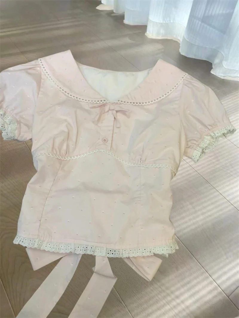 韩系别致绝美后背绑带娃娃领短袖t恤女夏季气质时尚收腰短款上衣