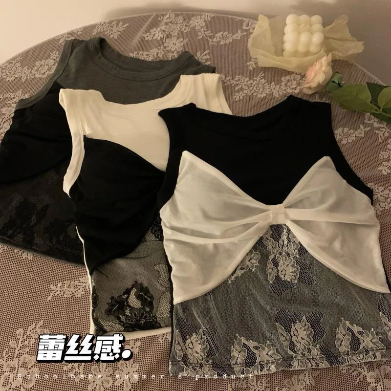 蕾丝拼接小众设计感打底衫上衣女夏季辣妹纯欲风法式别致吊带背心