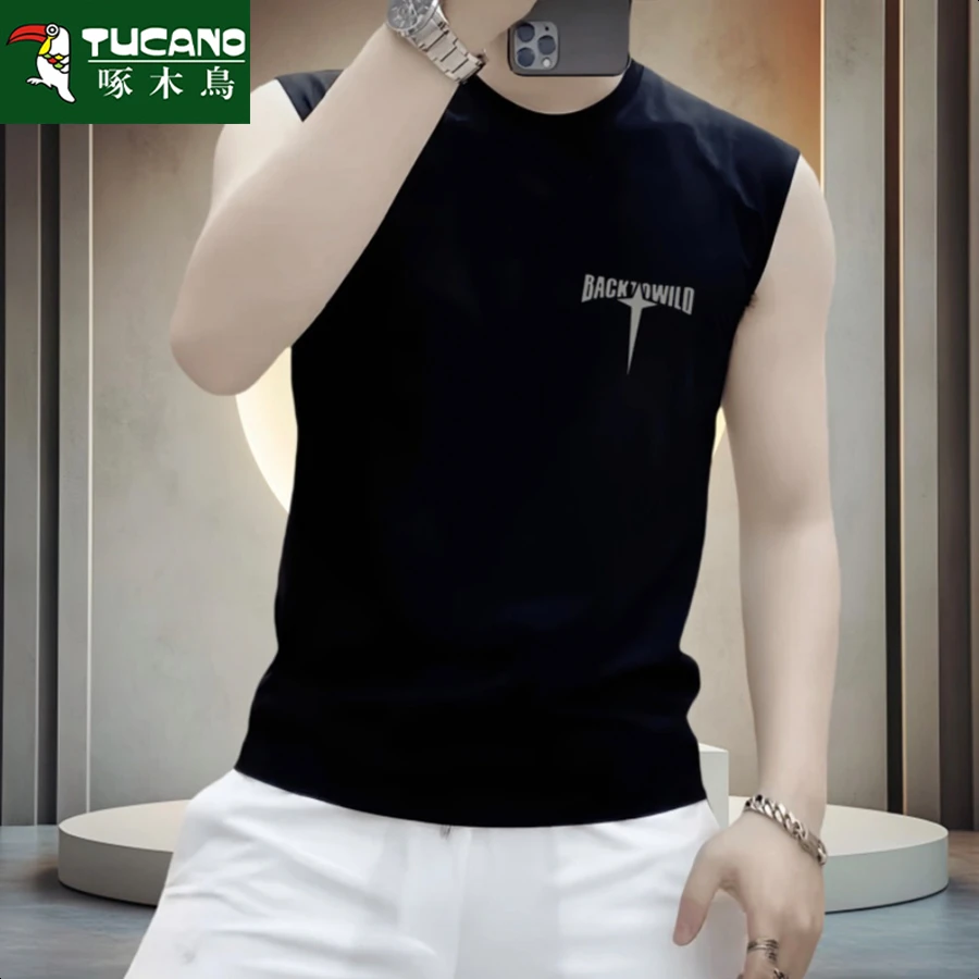 啄木鸟夏季新运动背心男士潮牌纯棉百搭T恤上衣圆领潮男无袖坎肩