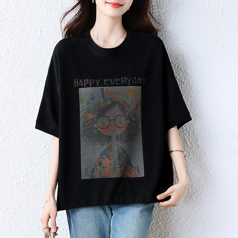 宽松大码T恤女2025夏新款卡通印花减龄百搭半袖圆领体恤短袖小衫