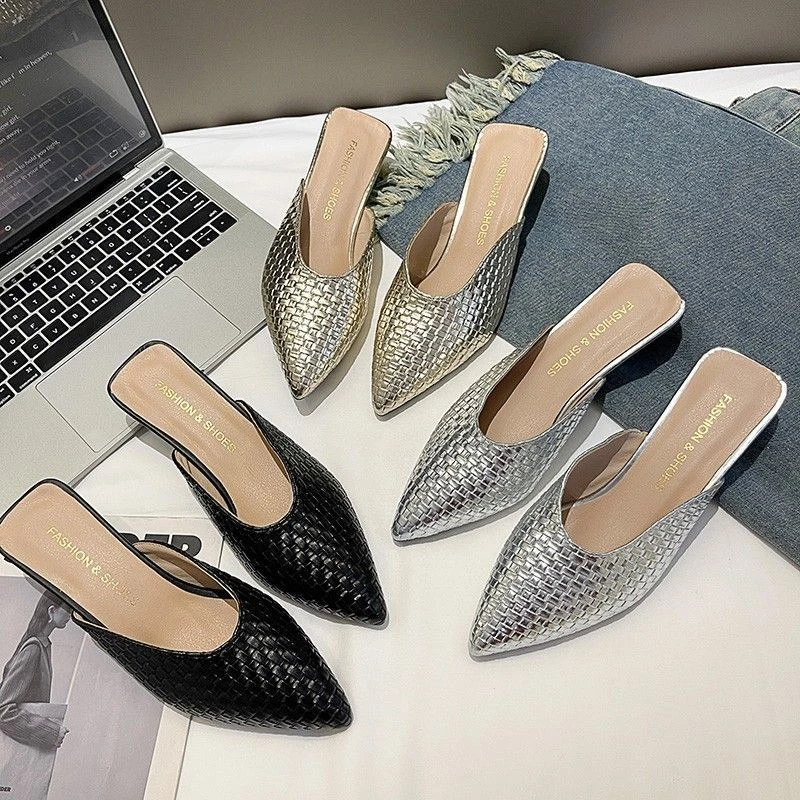 4cm~金色编织包头半拖鞋女夏季外穿气质软皮中跟尖头一脚蹬穆勒鞋