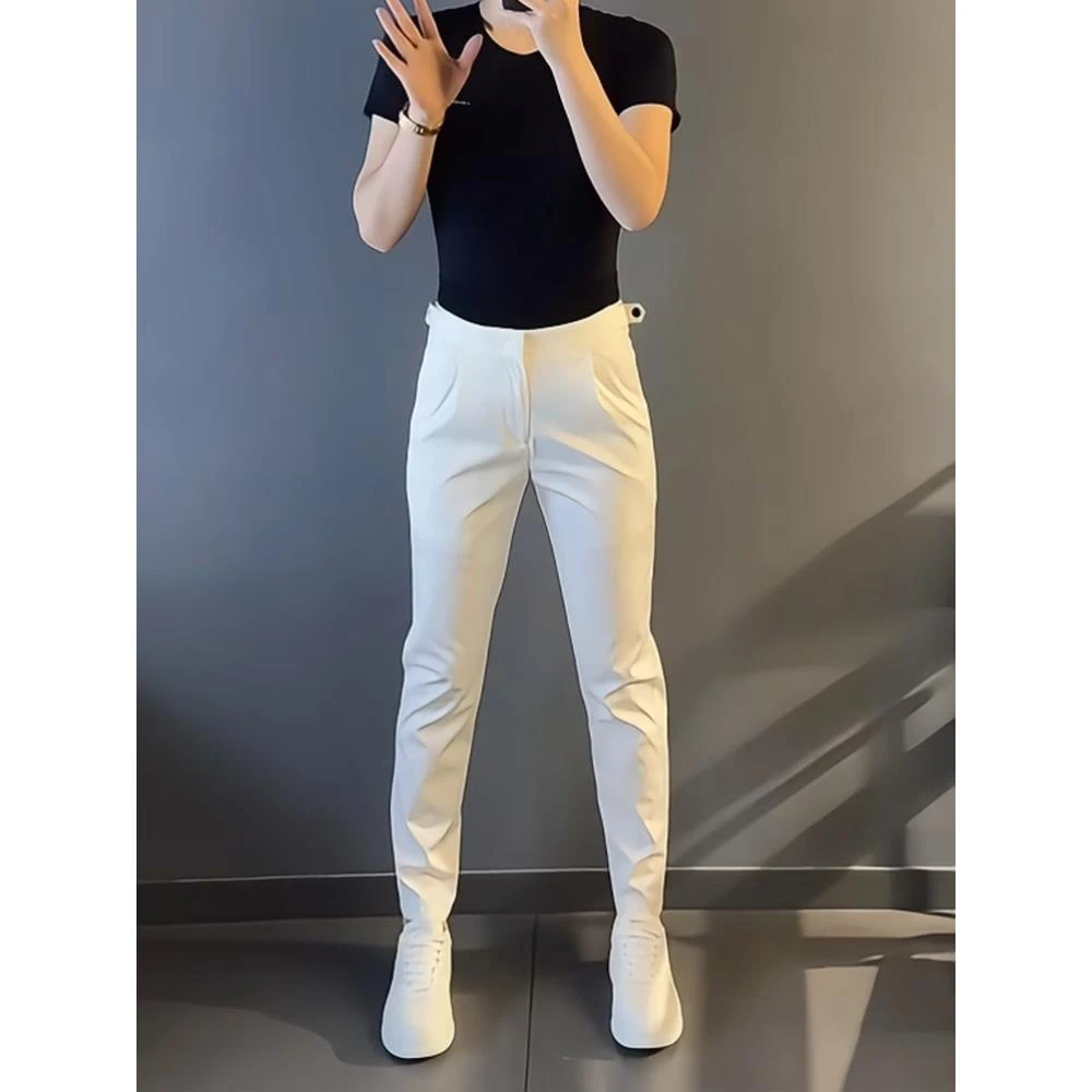 潮牌英伦春秋大码男士休闲裤舒适薄款莫代尔白色时尚西裤直筒长裤