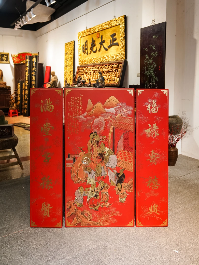 福禄寿图描金漆画中堂三件套实木雕刻设计装饰画