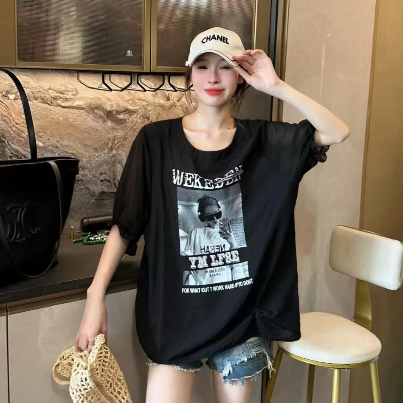 2025夏季新款女装时尚圆领下摆抽绳字母印花宽松短袖T恤上衣潮