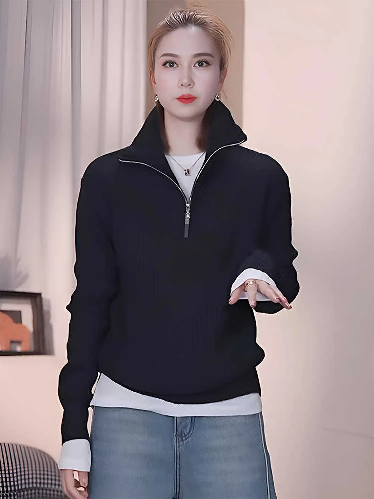 黑色打底高领长袖针织毛衣女款洋气新款冬季宽松设计感内搭上衣