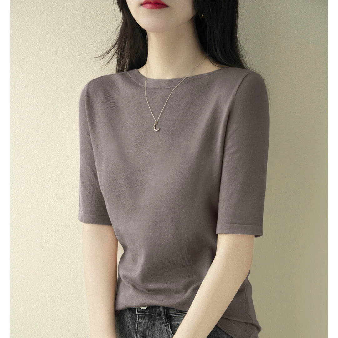 2025年新款简约显瘦中袖针织衫女装夏季薄款一字领时尚宽松上衣