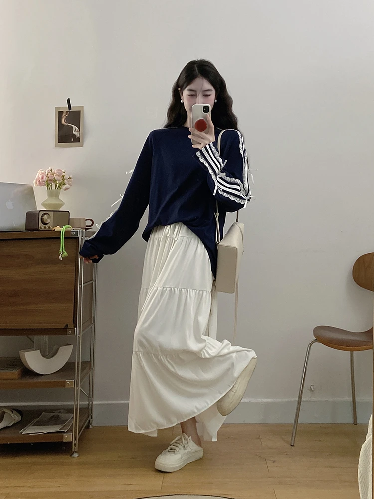 大码女装宽松甜美时尚拼接蝴蝶结长袖上衣蛋糕裙套装