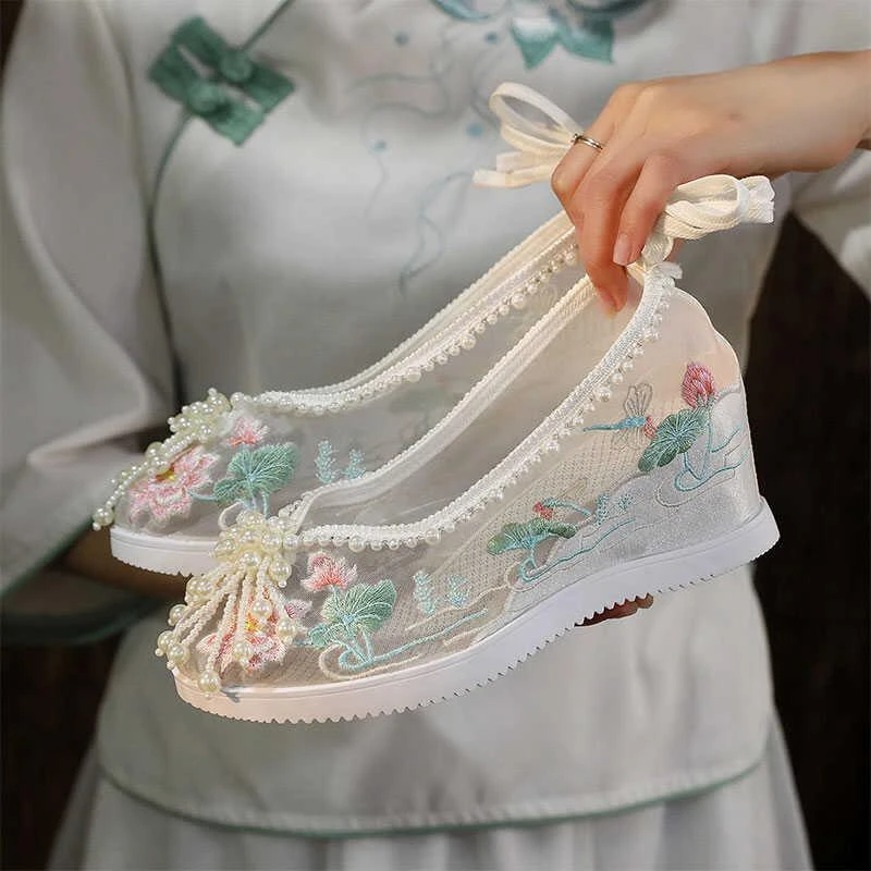 国潮汉服鞋子女古风马面裙夏季中国风网鞋珠花增高绣花鞋子明制鞋