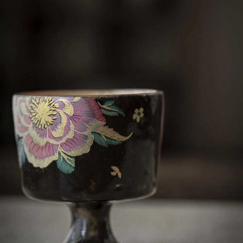 四海【缂丝牡丹高足方杯】中式复古精美陶瓷茶道器具茶杯容量70ml