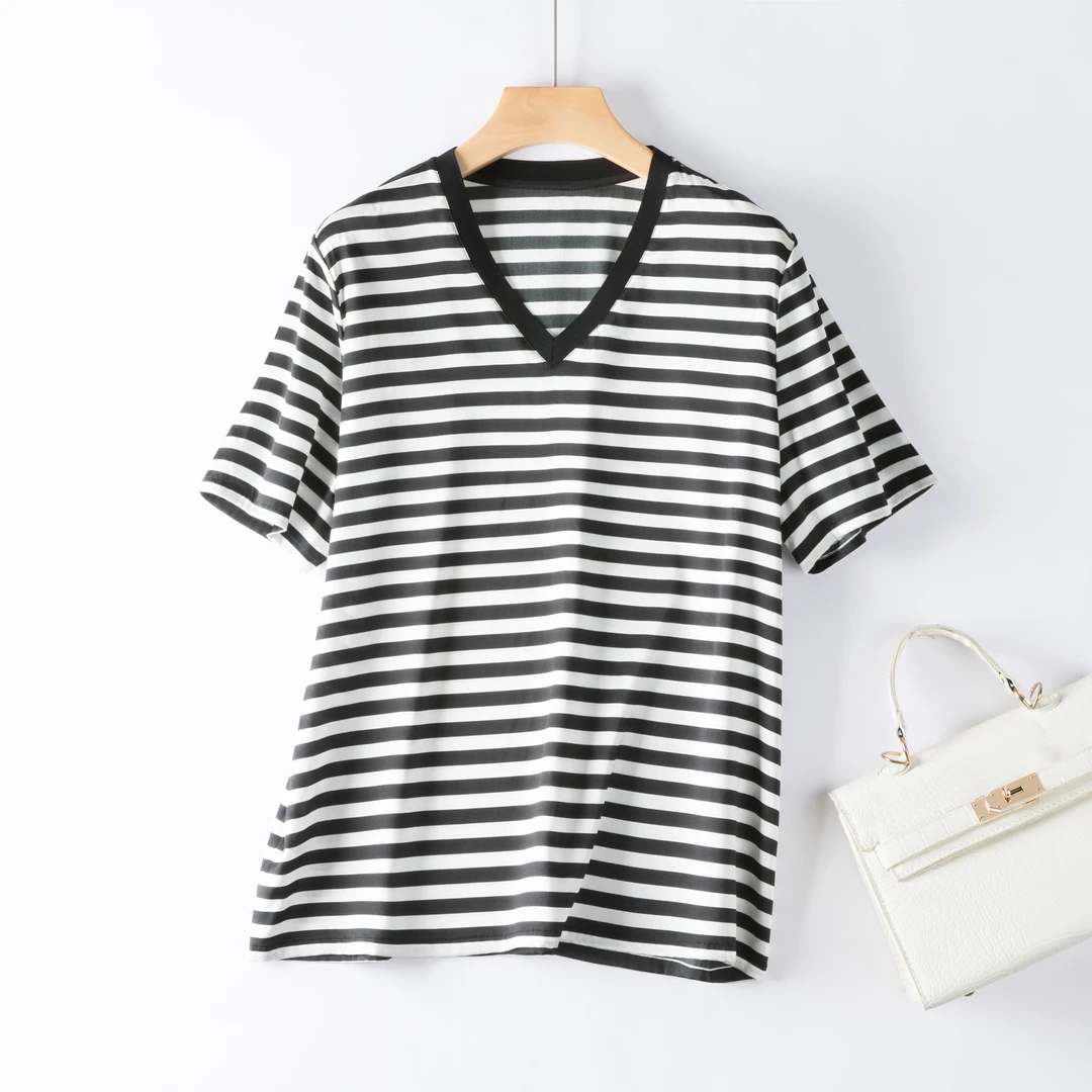 数兰朵【桑蚕丝弹力缎】真丝缎面双乔高姆米V领短袖上衣鸡心领T恤