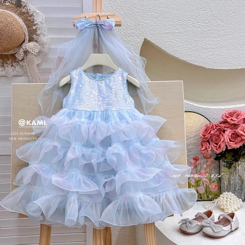 女童连衣裙夏季新款儿童公主裙洋气亮片蓬蓬裙宝宝网纱礼服蛋糕裙