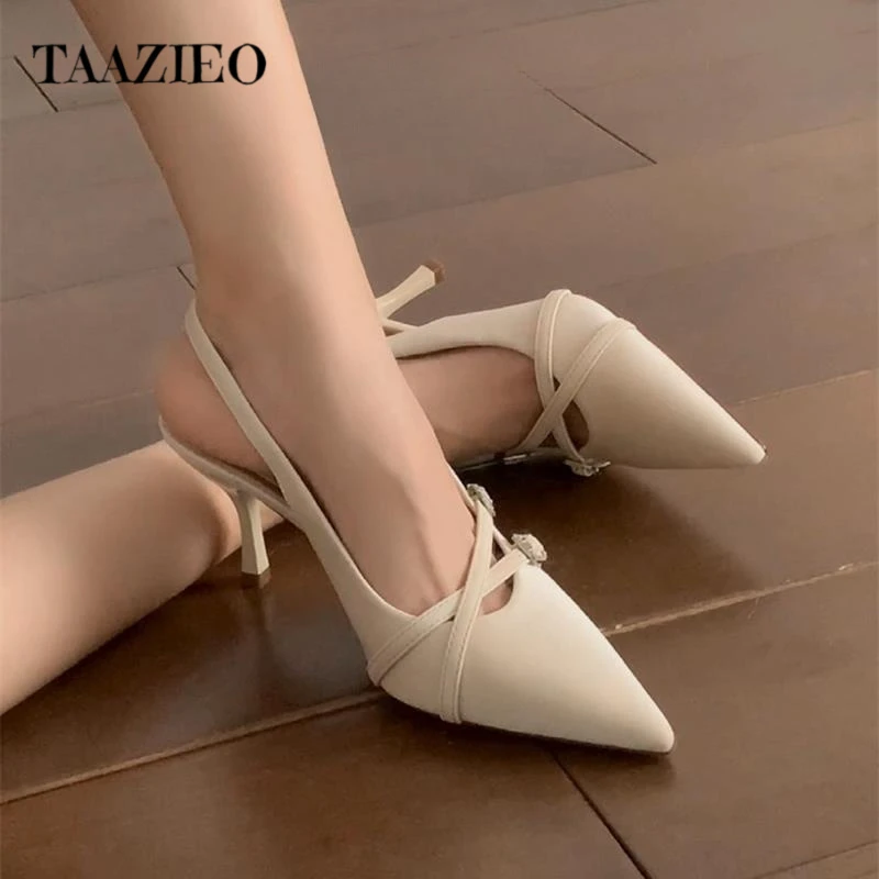 TAAZIEO羊皮版~法式气质交叉带尖头包头凉鞋女新款温柔后绊带细跟