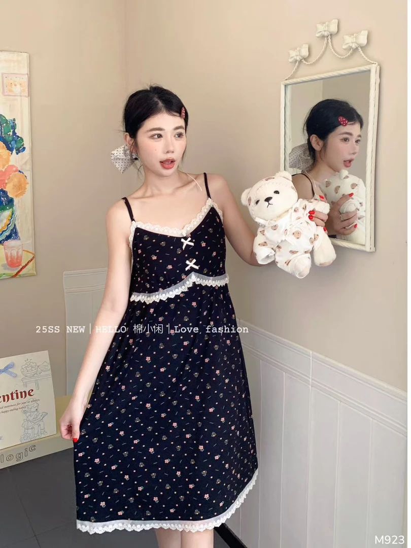 带胸垫夏季莫代尔吊带睡裙甜美田园风蕾丝边居家服