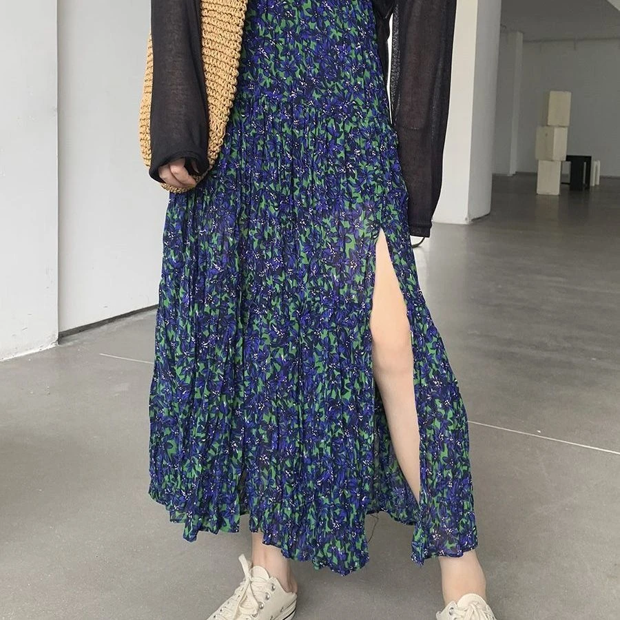 雪纺时尚碎花半身裙女夏季薄款新款开叉百褶裙高腰字裙子中长款