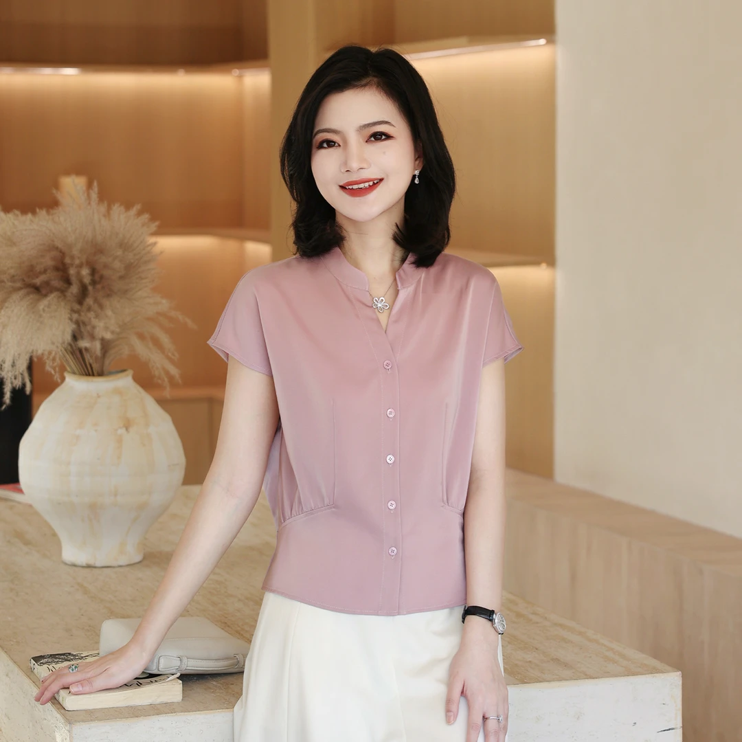 枫竺阿楠anan 优雅通勤圆V领单排扣捏褶收腰衬衫女夏纯色气质上衣