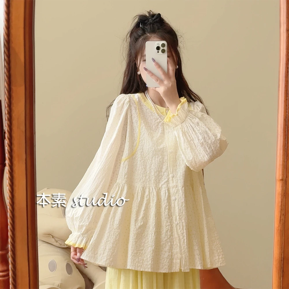 奶黄包Y2996波点印花拼色全开扣圆领衬衫