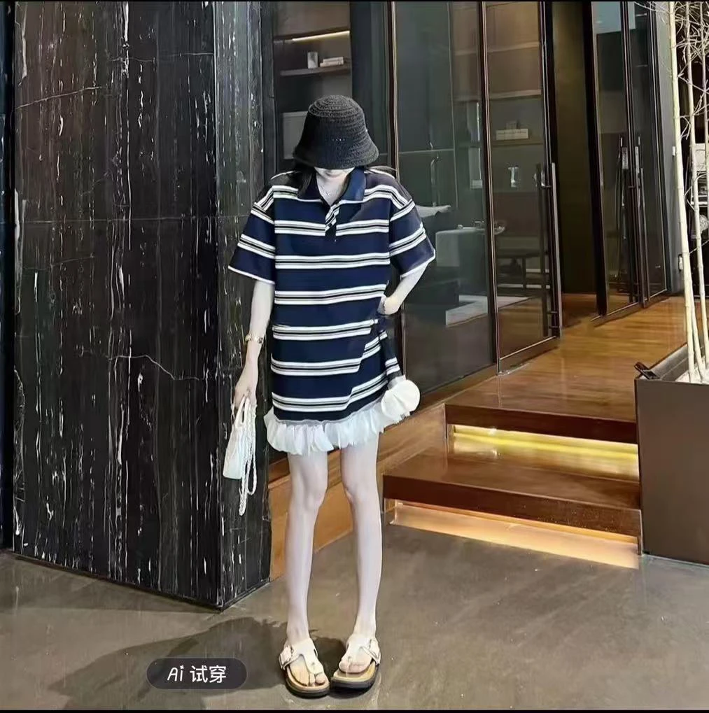 【慵懒风】时尚慵懒休闲通勤拼接蕾丝边撞色翻领条纹短袖连衣裙