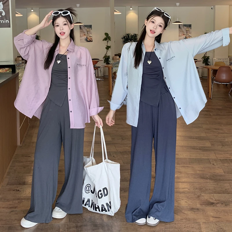 秋季新款大码微胖女装吊带+直筒阔脚裤+宽松衬衣三件套#2778