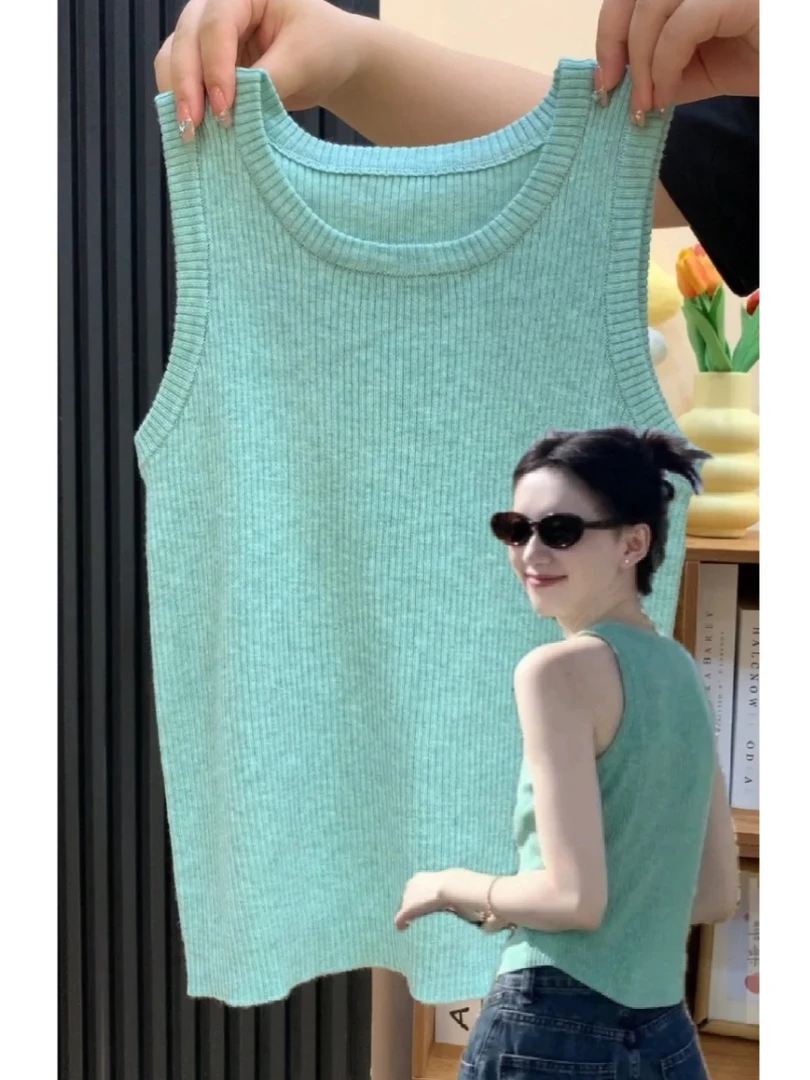 多巴胺绿色针织吊带背心女夏季2025薄款小众百搭修身显瘦无袖上衣